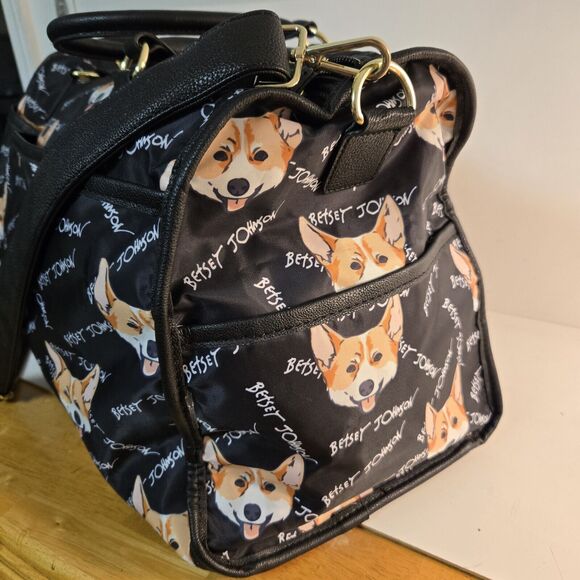 Betsy Johnson Black Weekender Duffle Corgi Print Bag w Adjustable Shoulder Strap - Picture 6 of 11